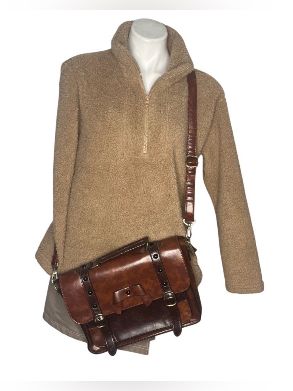 ECOSUSI Brown Messenger Bag Vegan Leather Two Tone Bow Front Adjustable Strap